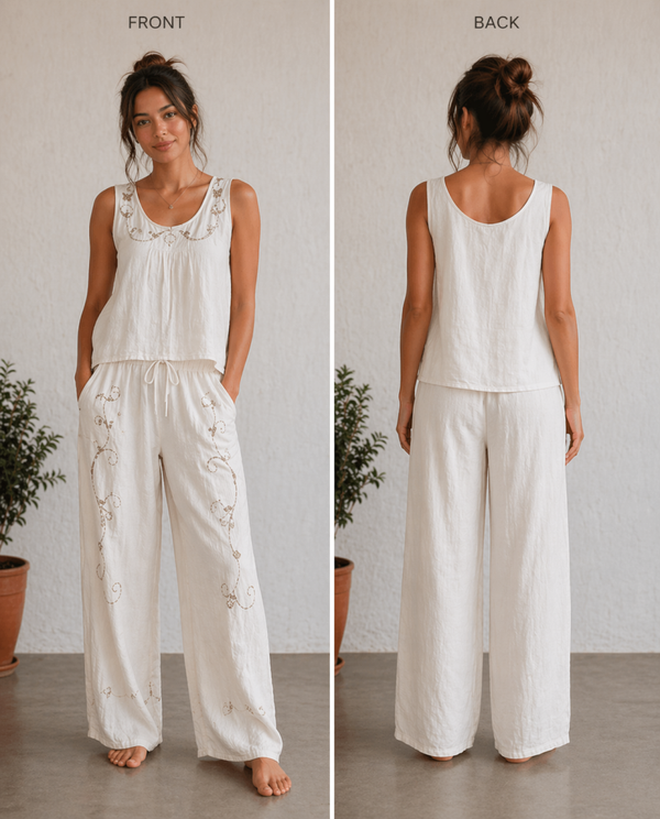 Handmade - Linen up-cycle White Set with cutout design - S103
