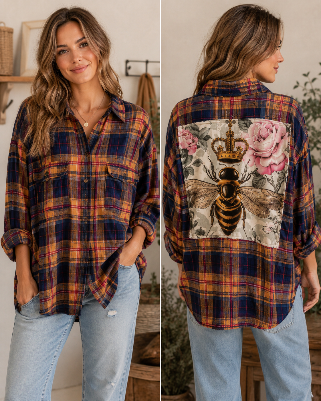 Upcycle Flannel with bee design on back - TS106