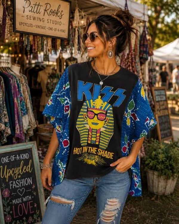 KISS "Hot in the Shade" Upcycled Kantha Sleeve Tee