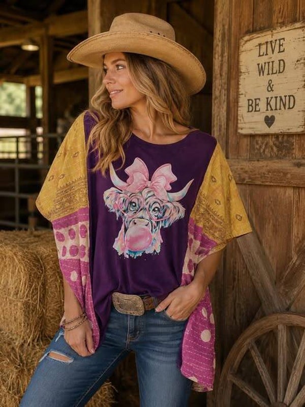 Bubbles the Cow Upcycled Kantha Sleeve Tee