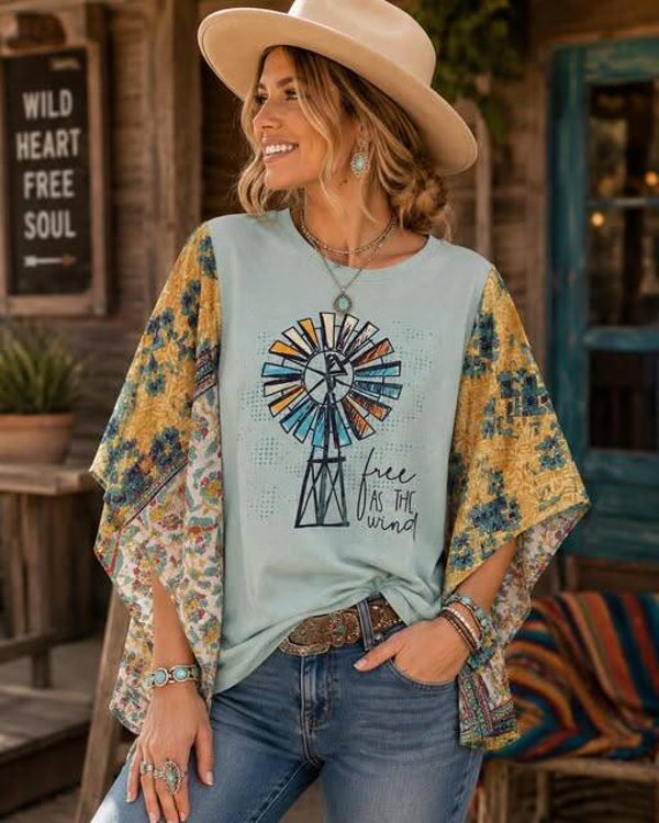 Free as the Wind Upcycled Kantha Sleeve Tee