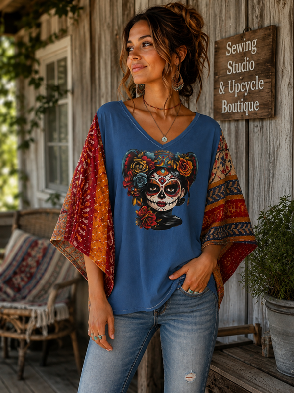 Upcycled Blue Sugar Skull Graphic Top with Patchwork Sleeves K97