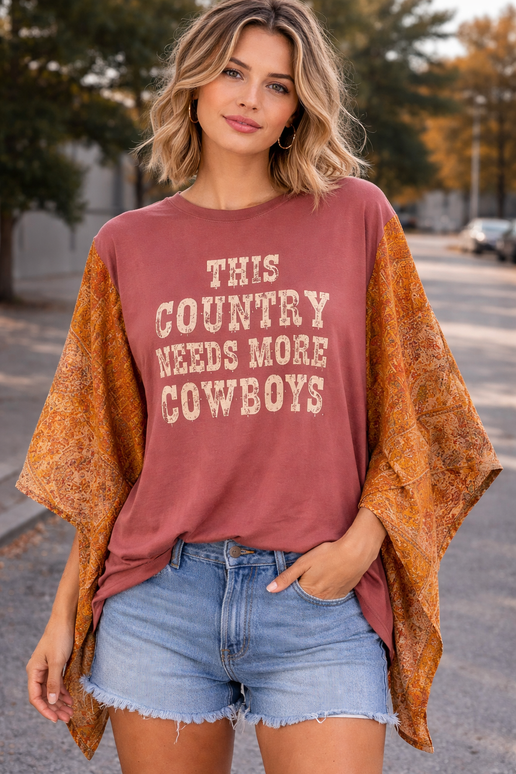 This Country Needs More Cowboys Up Cycled Kantha Tee - K135