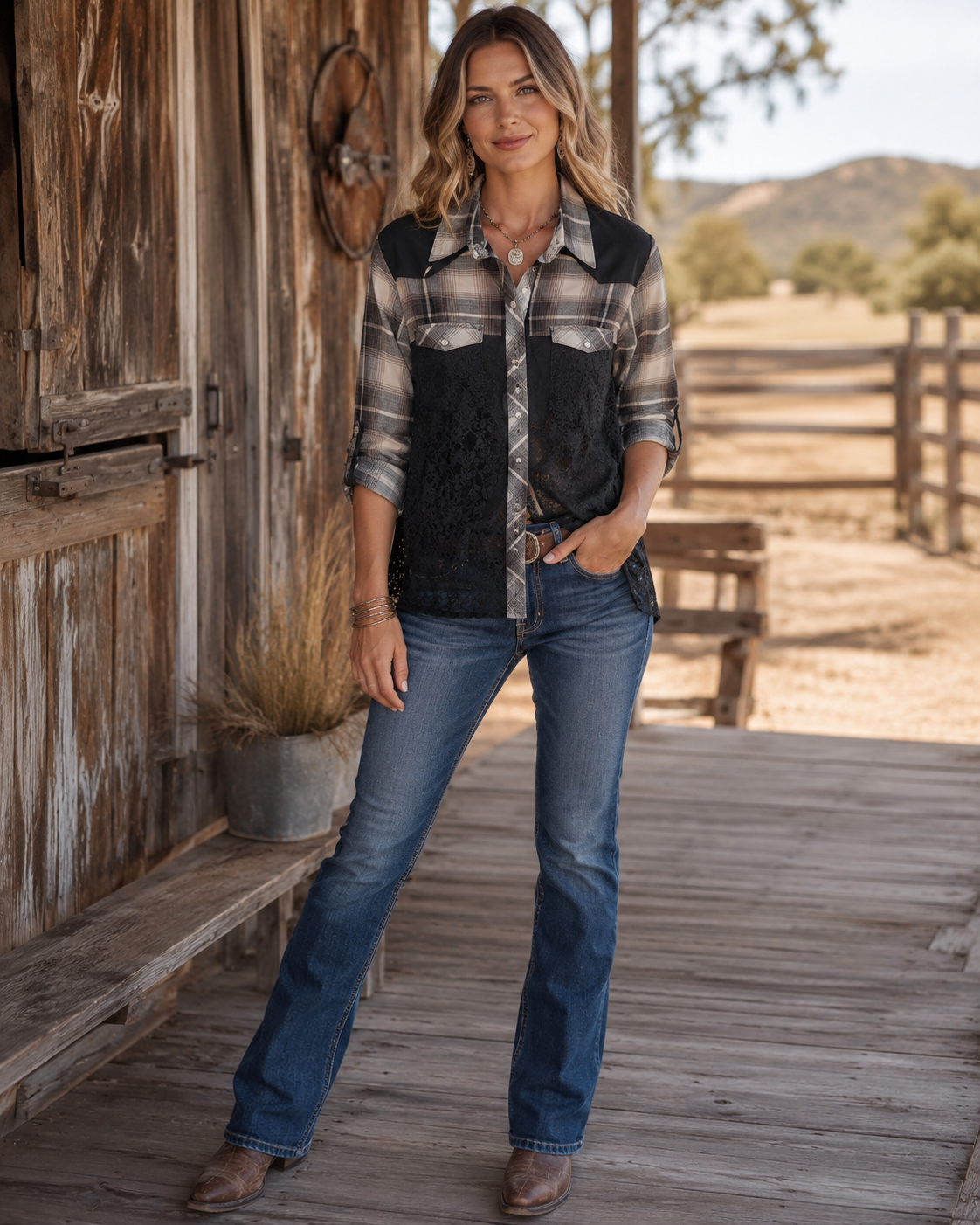 Upcycle Pearl snap shirt with lace inserts - TS102
