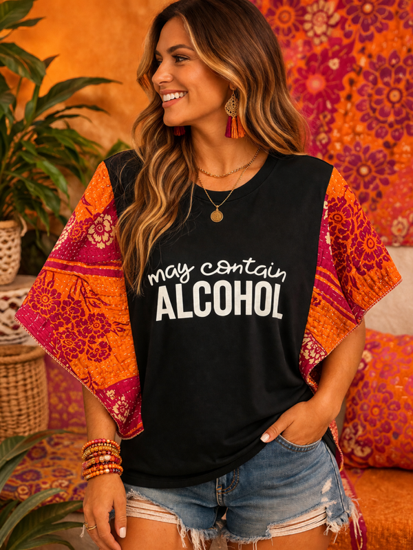"May Contain Alcohol" Up Cycle Kantha Tee - K184