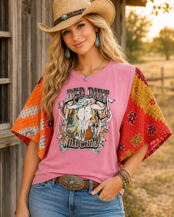Red Dirt Wild Child Kantha Sleeve Top