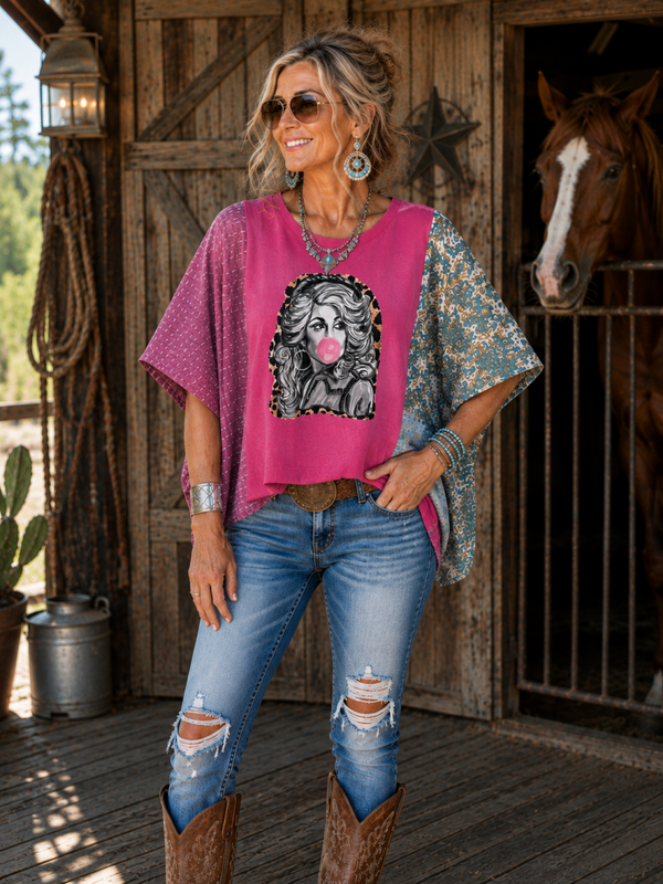 Upcycled Pink Graphic Poncho Top with Kantha Sleeves Dolly K216