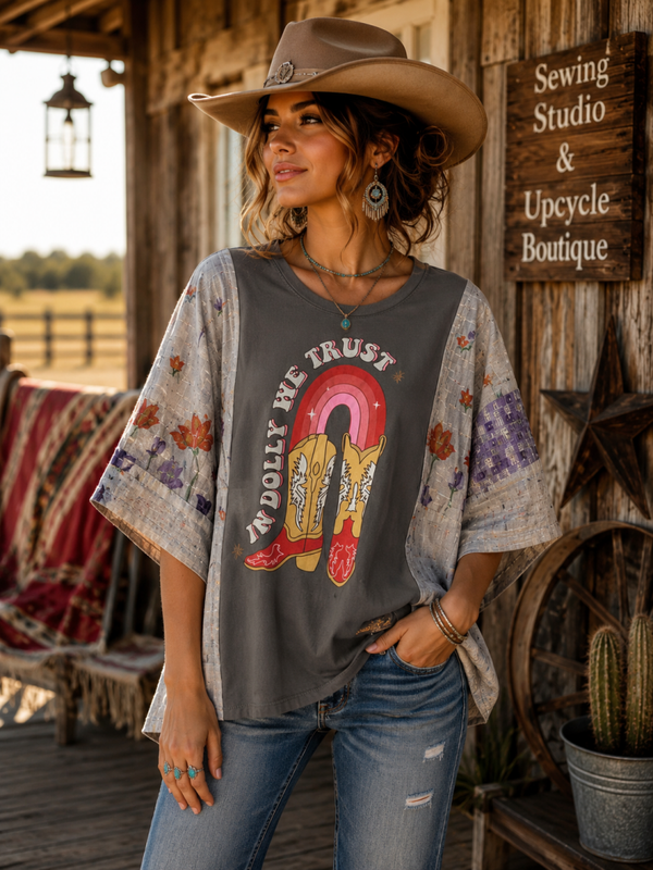 Upcycled “In Dolly We Trust” Western Graphic Top K186