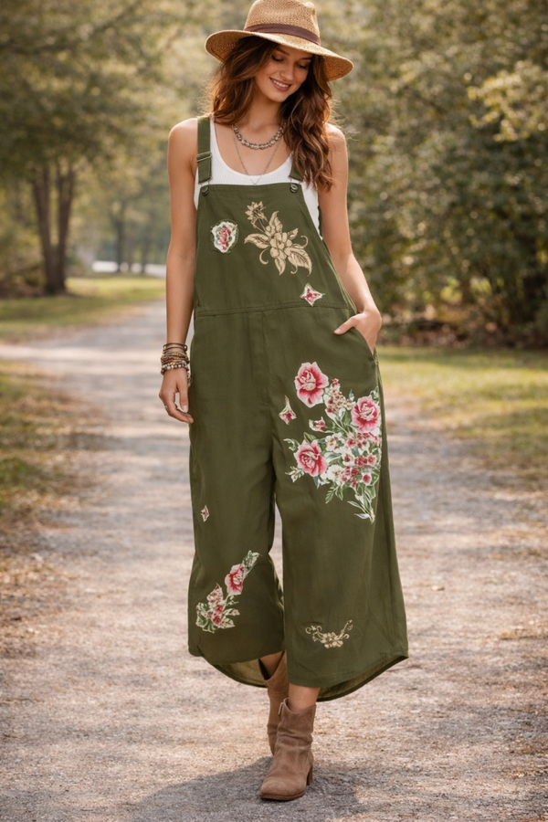 Green Floral Up-cycle Overalls - O103