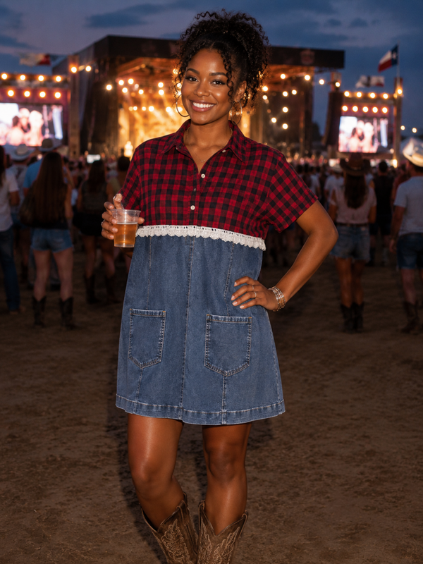 Cute Plaid Denim Up Cycled Dress - D112