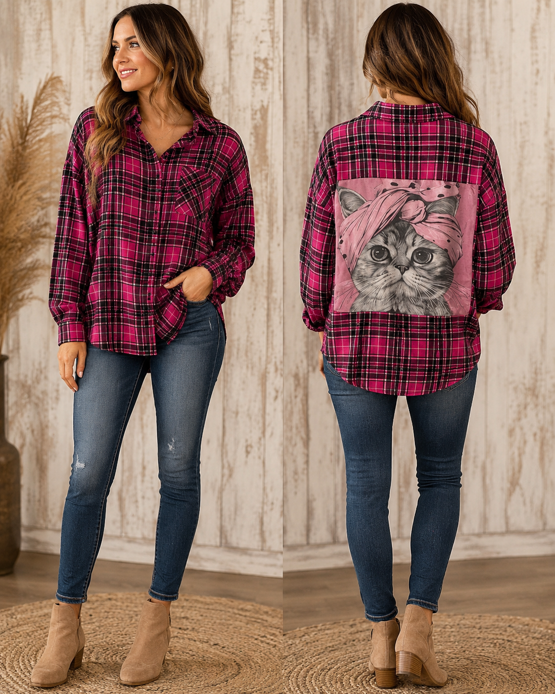 Upcycle flannel shirt with cute cat design on back - TS103