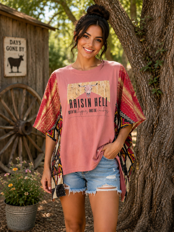 Raisin' Hell With the Hippies and the Cowboys Upcycled Kantha Tee