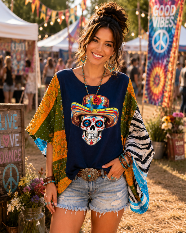 Sugar Skull Cowgirl Upcycled Kantha Tee