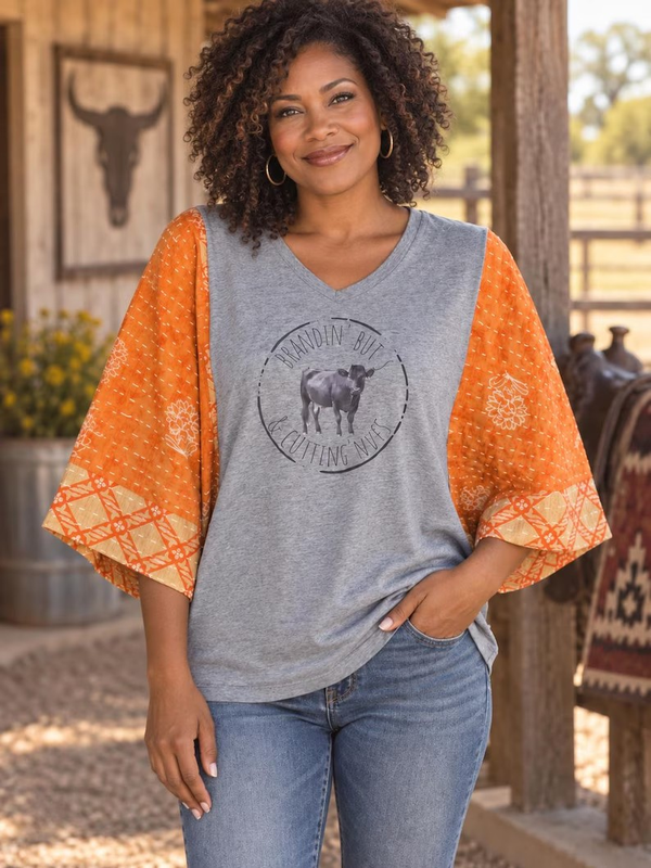 Western Cow Graphic Tee with Orange Kantha Quilt Sleeves #K256