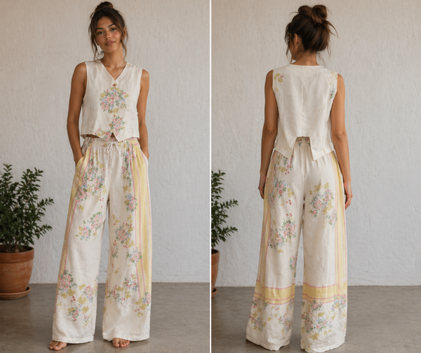 Handmade -Linen Floral Pants Set - S101
