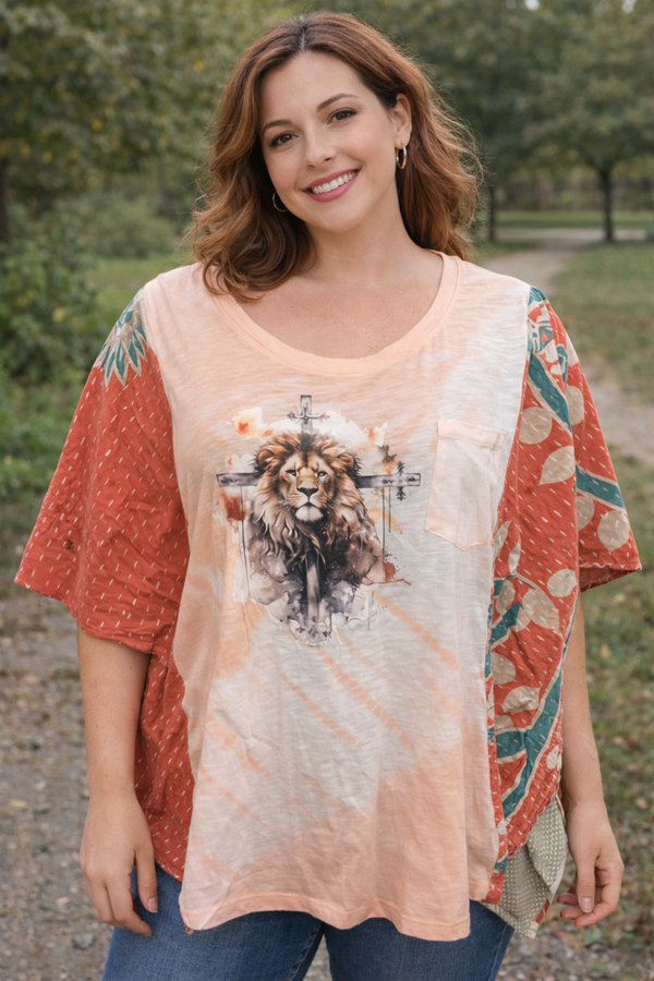 Lion and cross up cycle Kantha tee - K104