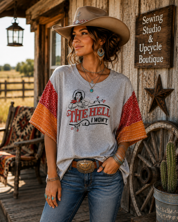 Upcycled “The Hell I Won’t” Western Graphic Top K96