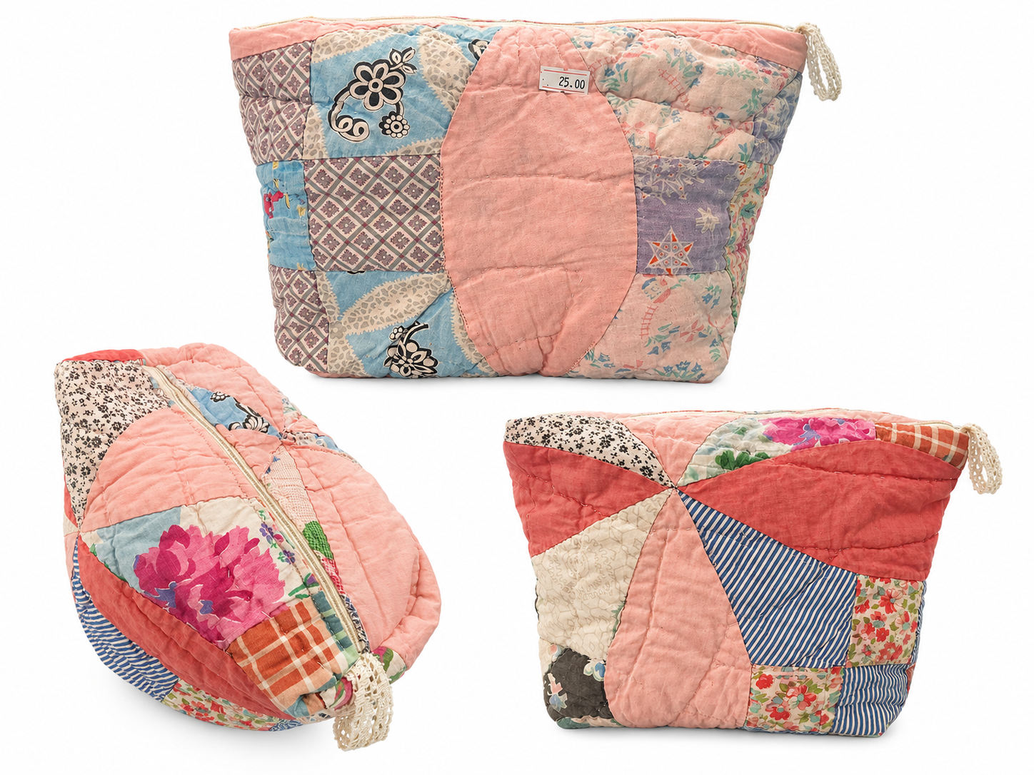 Vintage Patchwork Quilted Cosmetic Bag – 9” x 5” x 3” – $25.00