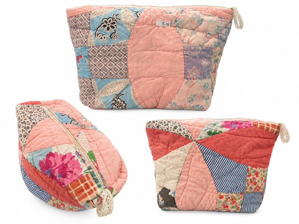 Vintage Patchwork Quilted Cosmetic Bag – 9” x 5” x 3” – $25.00