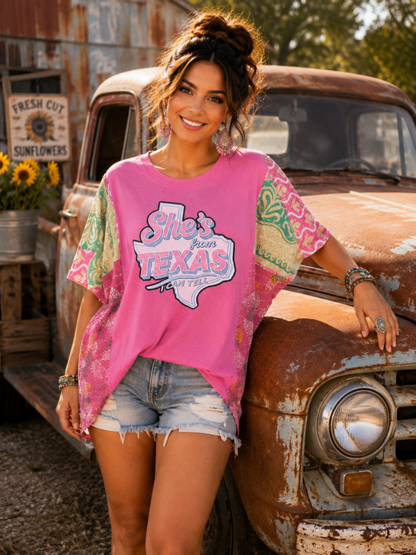 She's From Texas Upcycled Kantha Sleeve Tee