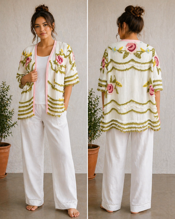 Handmade up-cycle chenille Floral open Cardigan - C102