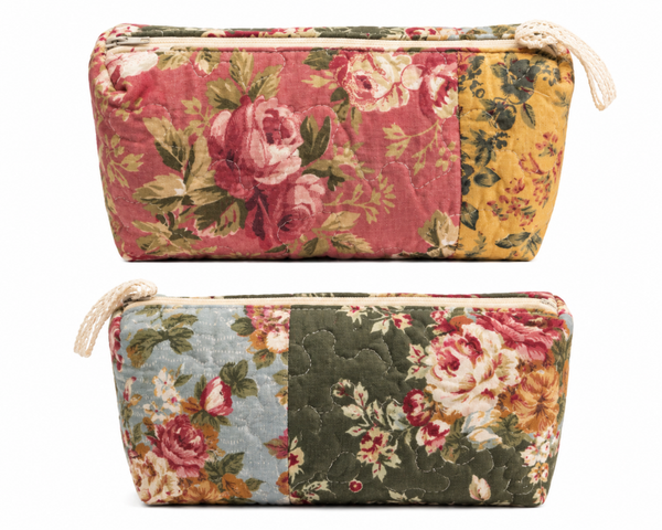 Vintage Patchwork Quilted Cosmetic Bag – 9” x 5” x 3” –