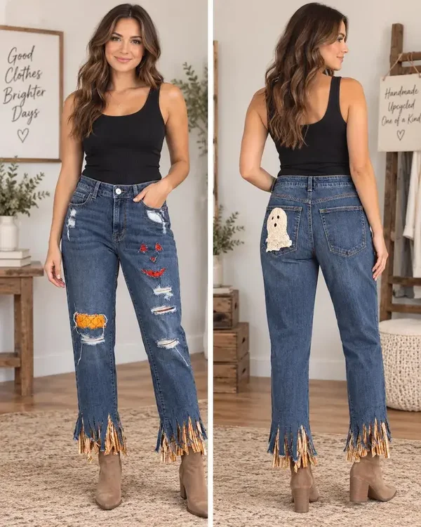 Upcycled Halloween Jeans | Distressed Denim with Pumpkin & Ghost