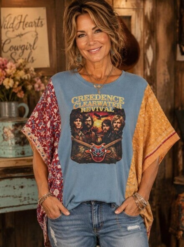 Upcycled Creedence Clearwater Revival Tee with Kantha Sleeves