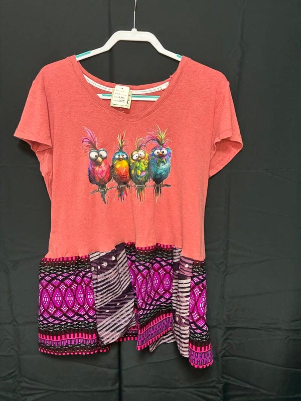 Birds on wire -  Red Up Cycle Kantha Tee - K152