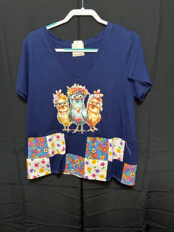 Blue - Decorative Birds - Up Cycle - Kantha Tee - K153