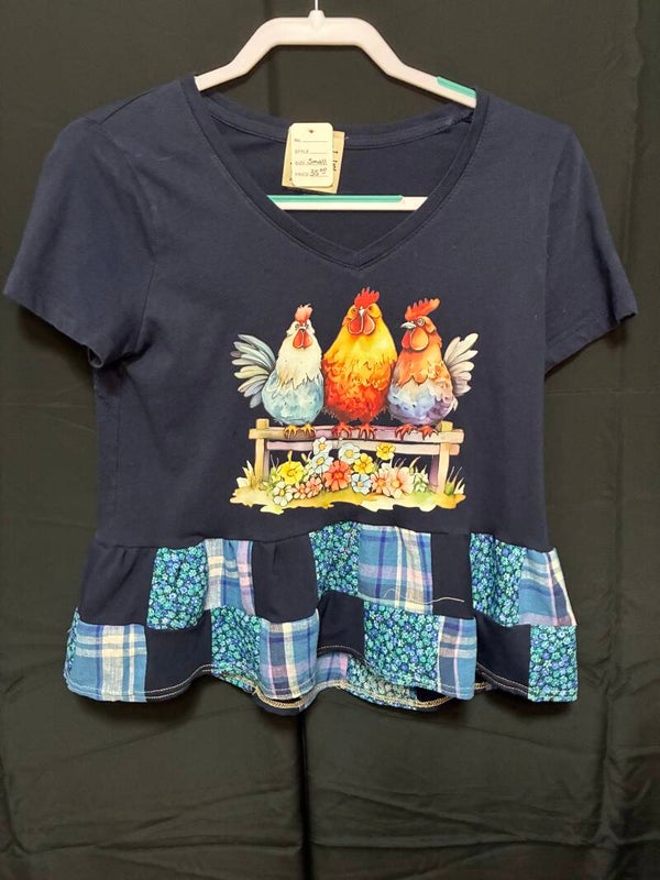 Roosters on Bench - Blue Up Cycled Kantha Tee - K154
