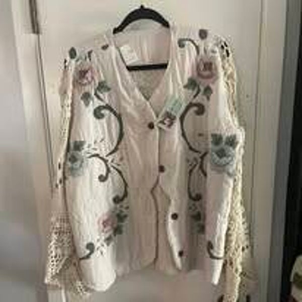 Up cycle quilt coat with crochet sleeves