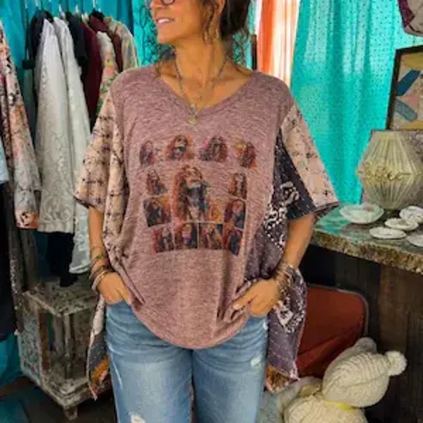 Janis Joplin Upcycled Tee with Kantha Sleeves #K247