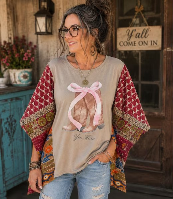 Yee Haw Western Tee with Kantha Sleeves #k244