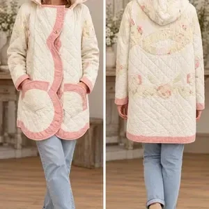 Upcycled Quilt Coat with Hood and Pockets | Size XL | Pink and Ivory Q143