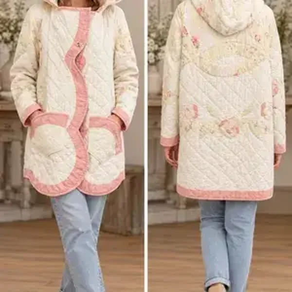 Upcycled Quilt Coat with Hood and Pockets | Size XL | Pink and Ivory Q143