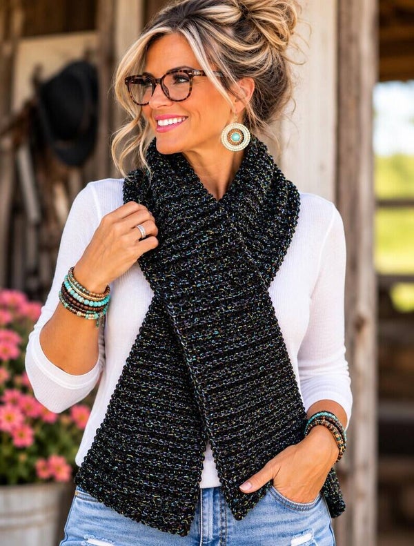 Hand Knit Black Scarf with Colorful Flecks #SC04