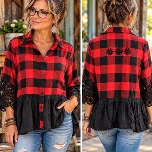 Upcycle Flannel and lace shirt - TS109