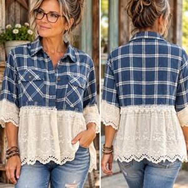 Upcycle flannel with vintage lace - TS110