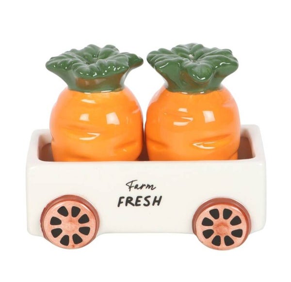Carrot salt and pepper shakers in wagon