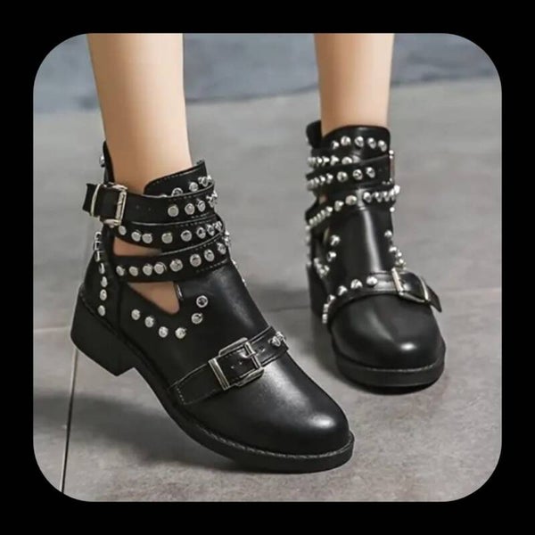 Black Rivet Studded Buckle Strap Ankle Bots