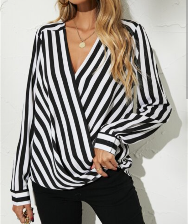 White Striped Satin Wrap Blouse
