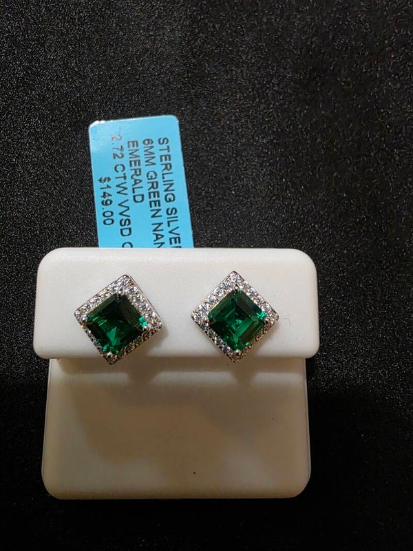 6mm Green Emerald Nano Cubic Zirconia Earrings - Square
