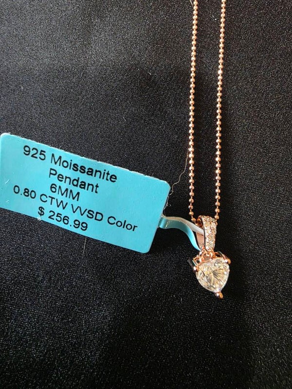 18" Rose Gold Ball Bead Chain w/ Heart Moissanite Pendant Necklace