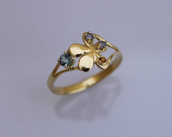 Geelgouden Ring met Citrien, Ioliet & Tanzaniet