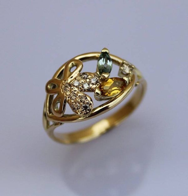 Geelgouden Ring met Diamant, Citrien & Toermalijn