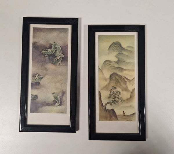Prachtige set van 2 ingelijste Chinese prenten - Draak & Berglandschap nr.AP11