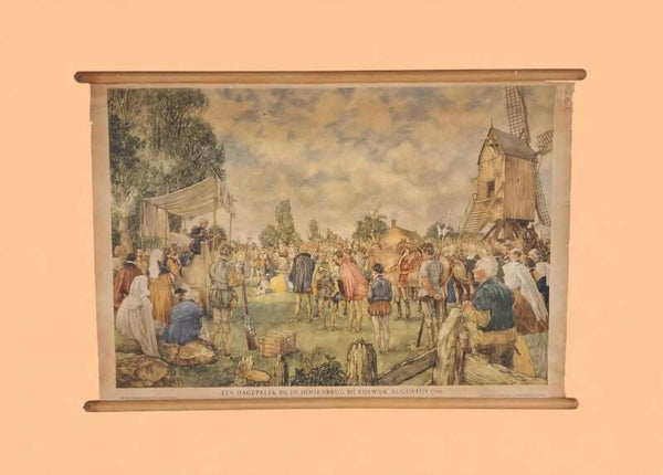 Schoolplaat van J.H. Isings 1946 linnen met houten stokken 70x100cm.  nr.AP10
