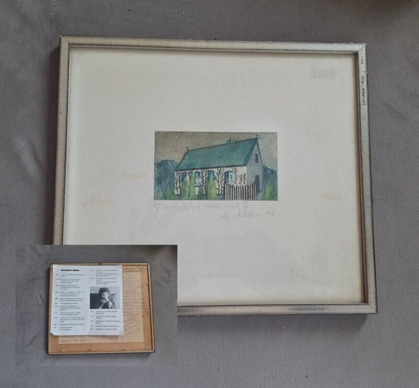 Prent van een huis. Met handgeschreven tekst. Hannelore Adams. Meine neue Welt IV. 1976 oplage 29/30.  nr.AM8