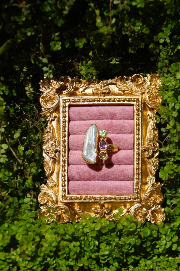 Biwa Pearl, Peridot, Amethyst & Yellow Topaz Ring